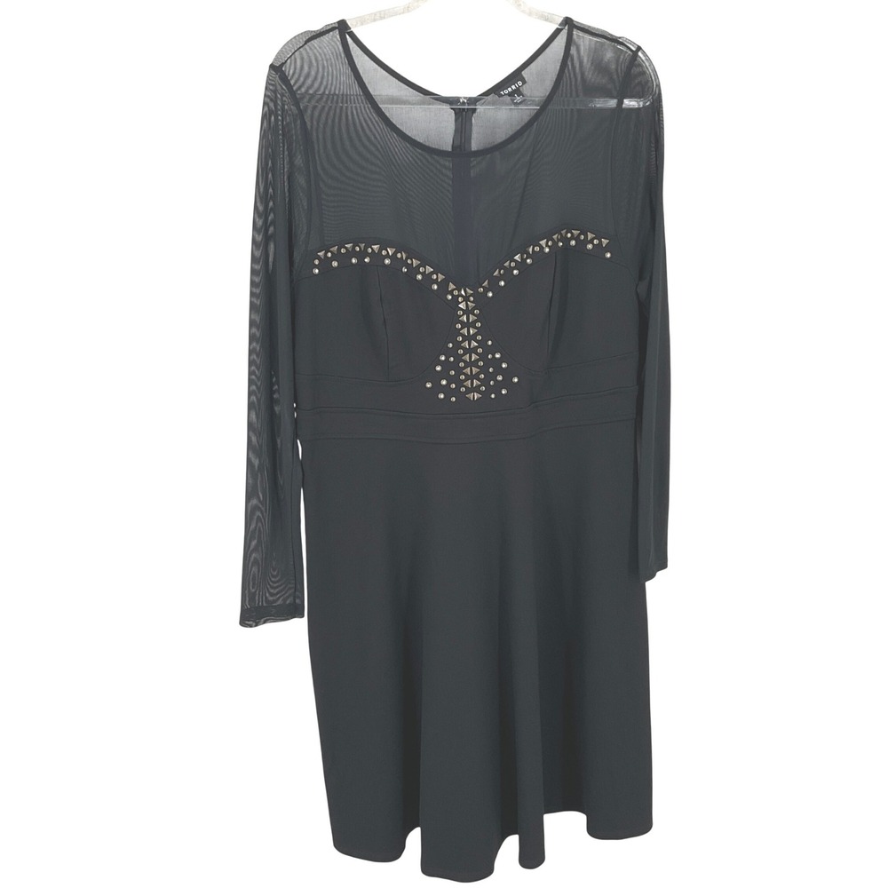 Torrid Dress Women 1X Black Rayon Mesh Long Sleeve Studded Fit Flare Edgy Grunge